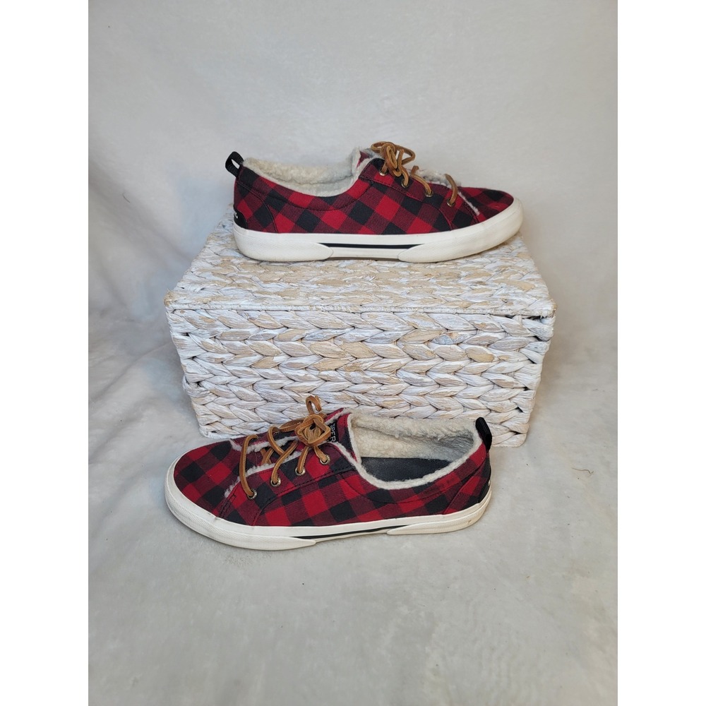 Sperry Top Sider Pier Wave Buffalo Plaid Sneakers Size 8M Faux Fur Cabincore